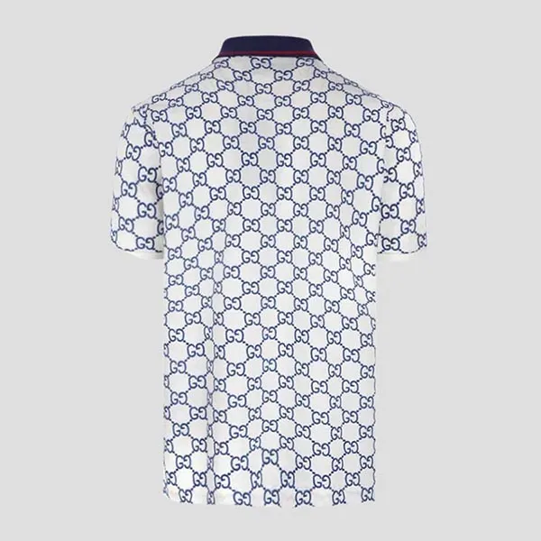 Áo Polo Nam Gucci GG Monogram Stretch Cotton White Blue 598956 XJB0U 9064 Màu Xanh Phối Trắng Size XL