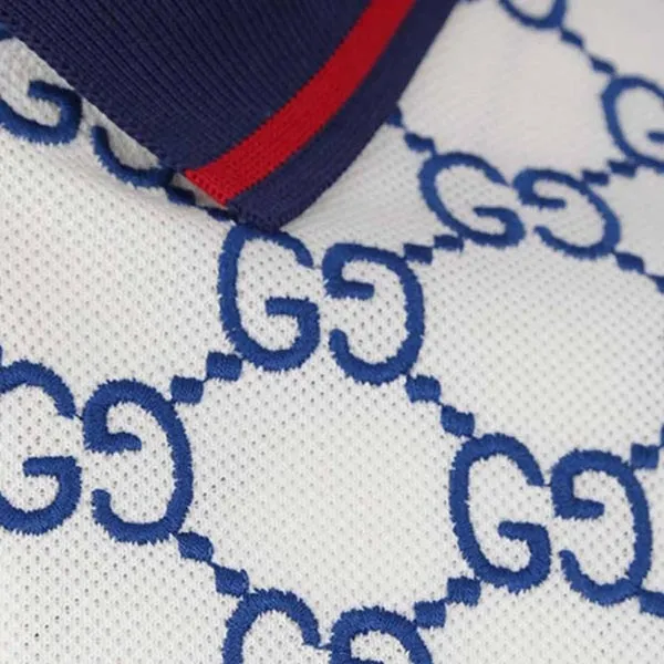 Áo Polo Nam Gucci GG Monogram Stretch Cotton White Blue 598956 XJB0U 9064 Màu Xanh Phối Trắng Size XL
