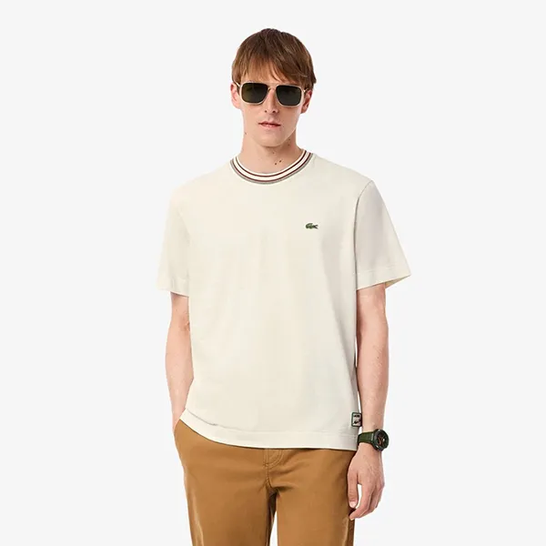 Áo Thun Nam Lacoste French Made Stripe Neck T-Shirt Classic TH5455 - XFJ Màu Trắng Kem Size 4