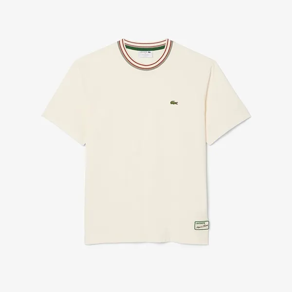 Áo Thun Nam Lacoste French Made Stripe Neck T-Shirt Classic TH5455 - XFJ Màu Trắng Kem Size 4
