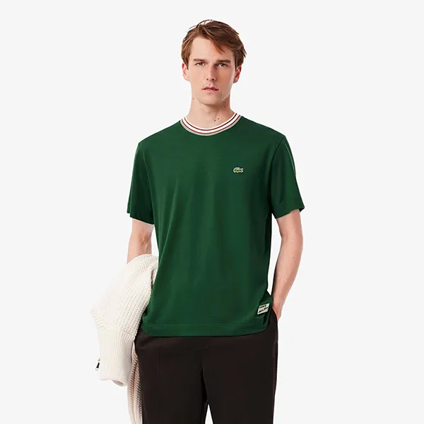 Áo Thun Nam Lacoste Men's French Made Stripe Neck T-Shirt TH5455 - 132 Màu Xanh Lá Size 3