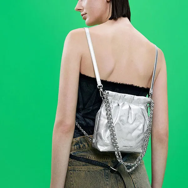Balo Nữ Charles & Keith CNK Duo Chain-Handle Two-Way Backpack Silver CK2-60782390 Màu Bạc