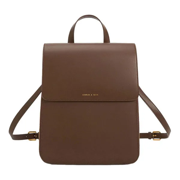 Balo Nữ Charles & Keith CNK Octavia Front Flap Structured Backpack Dark Brown CK2-60681127 Màu Nâu Đậm