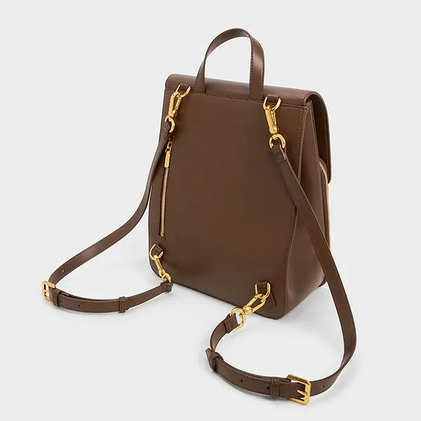 Balo Nữ Charles & Keith CNK Octavia Front Flap Structured Backpack Dark Brown CK2-60681127 Màu Nâu Đậm