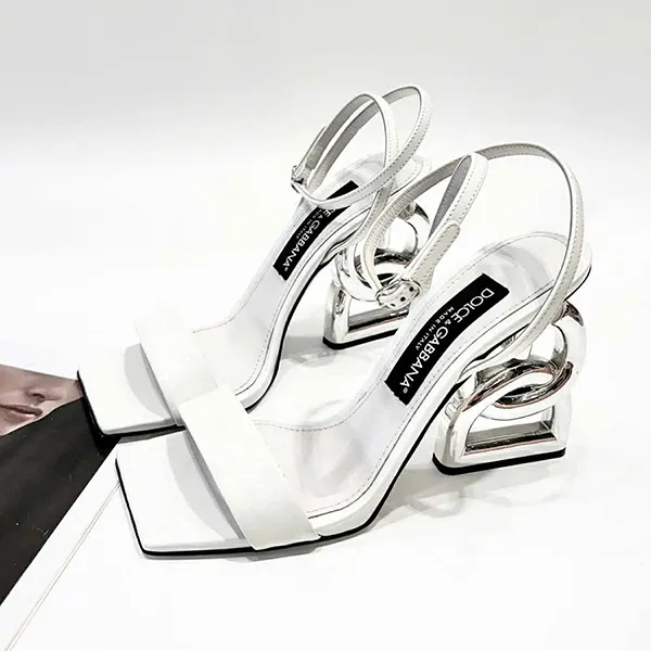 Dép Cao Gót Dolce & Gabbana D&G DG Logo Leather Straps Sandals CR1376 A1037 80002 Màu Trắng Size 36