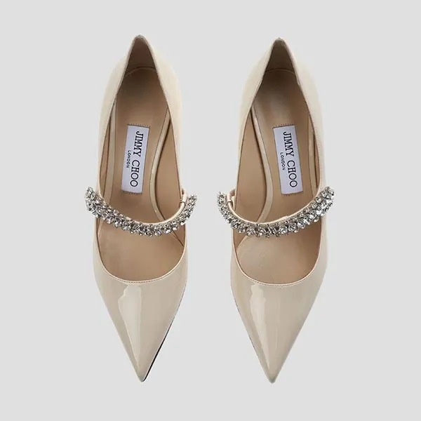 Giày Cao Gót Nữ Jimmy Choo Bing Linen 65 Crystal Strap Patent Leather Pumps BINGPUMP65PAT Màu Kem Size 36