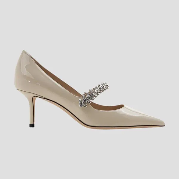 Giày Cao Gót Nữ Jimmy Choo Bing Linen 65 Crystal Strap Patent Leather Pumps BINGPUMP65PAT Màu Kem Size 36