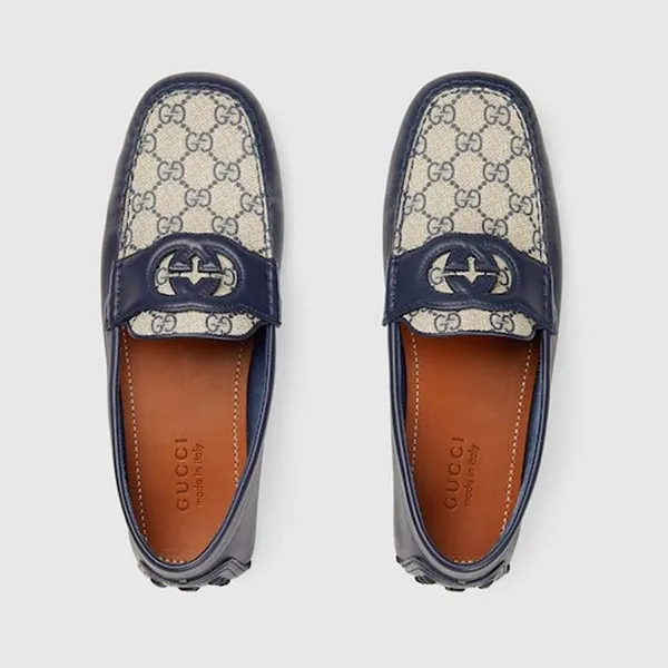 Giày Lười Nam Gucci Mocca Interlocking G Driver In Dark Blue 730148 AAB7Z 4142 Màu Xanh Phối Be Size 5