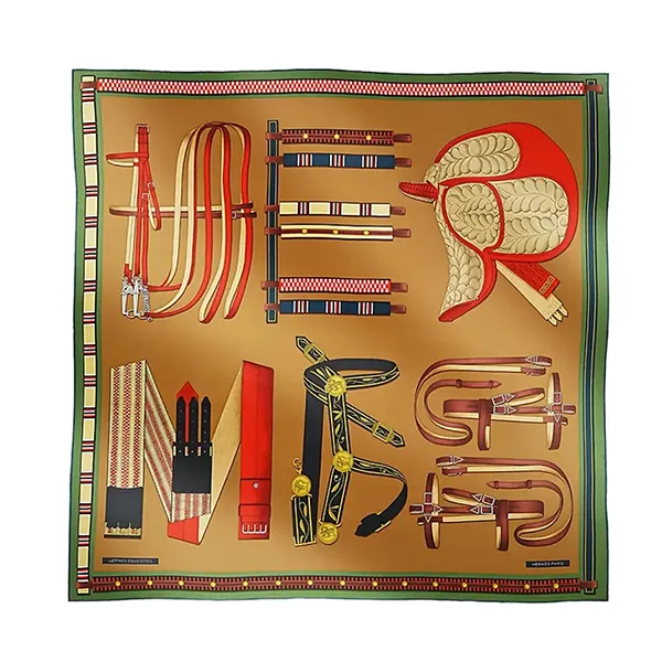 Khăn Nữ Hermès Carre 90 Lettres Equestre Silk Scarf Tobacco/Green/Brick Red Màu Nâu
