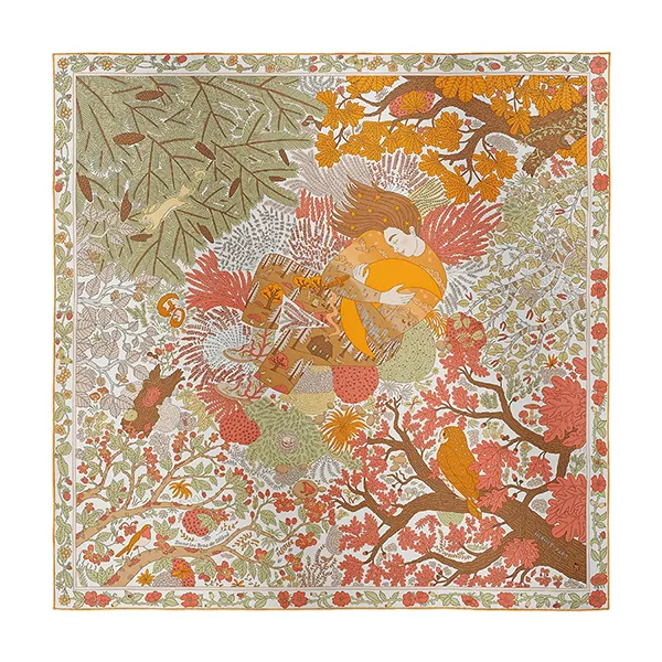 Khăn Nữ Hermès In Selene's Arms Scarf 90 Almond Green/Buttercup/White Phối Màu