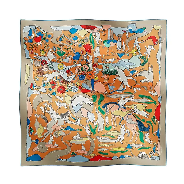 Khăn Nữ Hermès Square 90 Thousand and One Rabbits Gray Clair/ Beige Doré /Multicolor Phối Màu