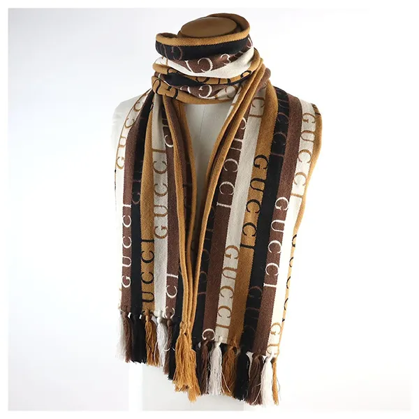 Khăn Quàng Cổ Gucci Wool And Cotton Scarf With Embroidered Logo Chestnut Brown Màu Đen Nâu