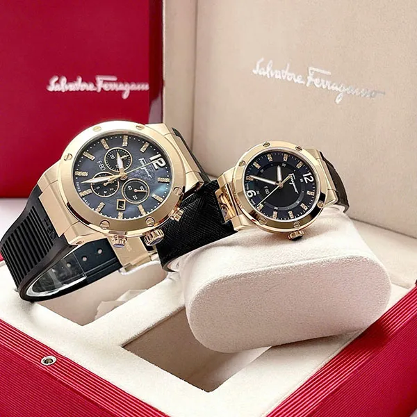 Set Đồng Hồ Unisex Salvatore Ferragamo F80 Diamond Màu Vàng Gold