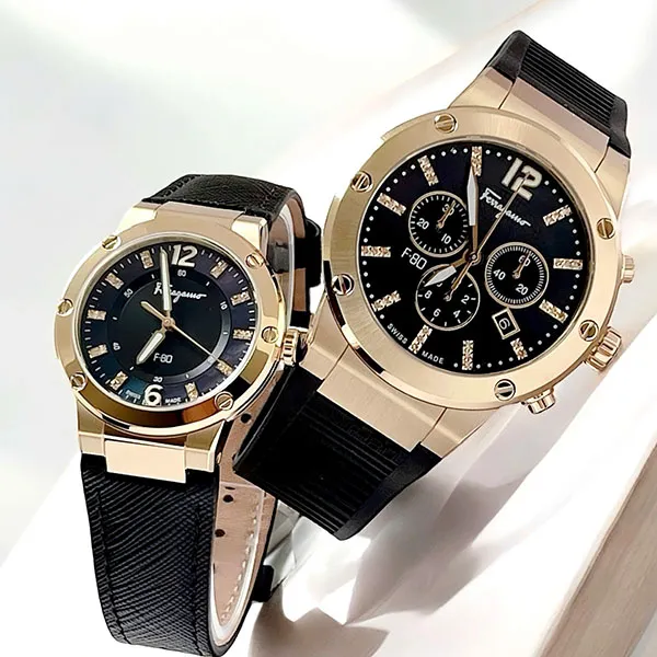 Set Đồng Hồ Unisex Salvatore Ferragamo F80 Diamond Màu Vàng Gold