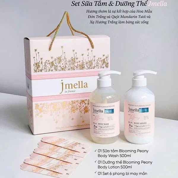 Set Sữa Tắm + Dưỡng Thể Jmella In France No.01 Blooming Peony (Body Wash 500ml + Body Lotion 500ml + Set 6 Bao Lì Xì))