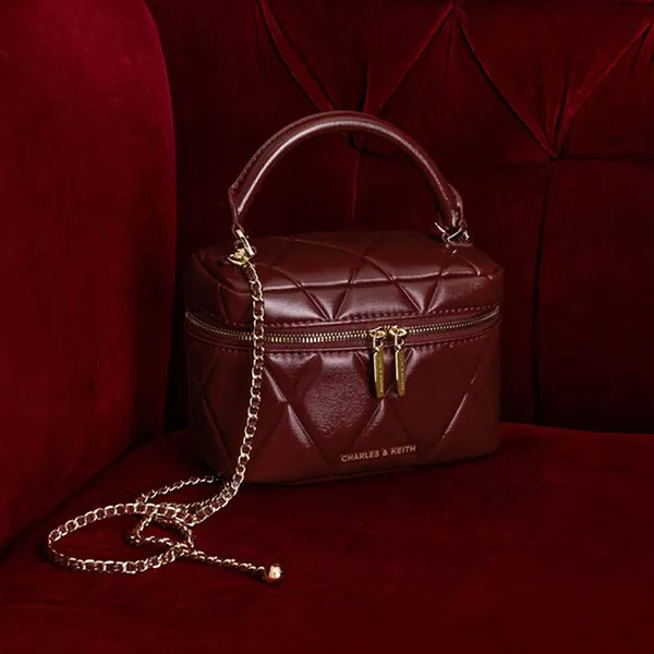Túi Đeo Chéo Nữ Charles & Keith CNK Arwen Quilted Top Handle Vanity Bag CK2-80782534 Burgundy Màu Đỏ Đậm
