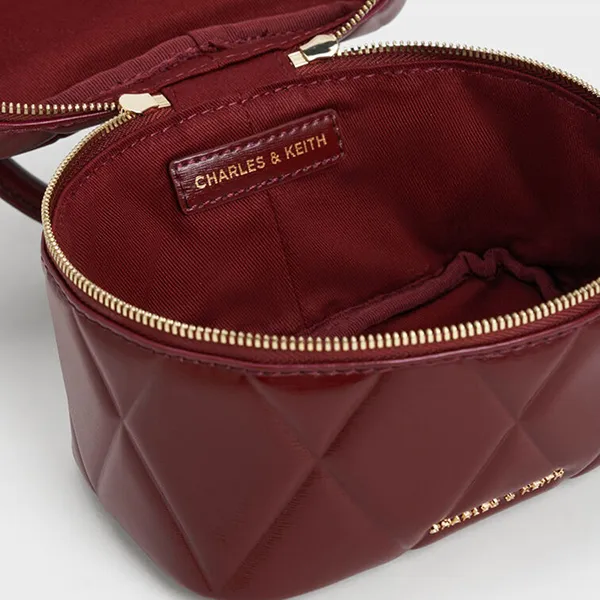 Túi Đeo Chéo Nữ Charles & Keith CNK Arwen Quilted Top Handle Vanity Bag CK2-80782534 Burgundy Màu Đỏ Đậm