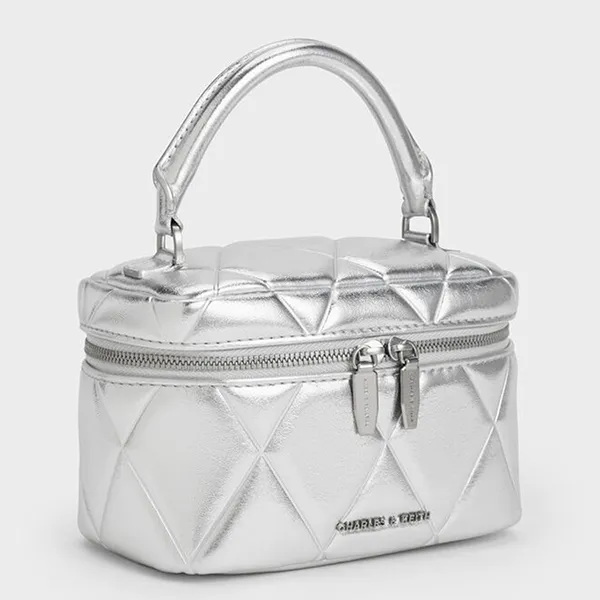 Túi Đeo Chéo Nữ Charles & Keith CNK Arwen Quilted Top Handle Vanity Bag CK2-80782534 Silver Màu Bạc