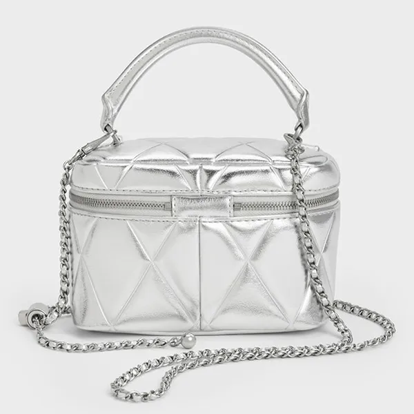 Túi Đeo Chéo Nữ Charles & Keith CNK Arwen Quilted Top Handle Vanity Bag CK2-80782534 Silver Màu Bạc