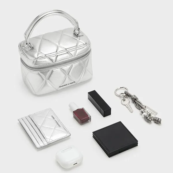 Túi Đeo Chéo Nữ Charles & Keith CNK Arwen Quilted Top Handle Vanity Bag CK2-80782534 Silver Màu Bạc