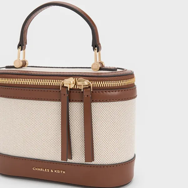 Túi Đeo Chéo Nữ Charles & Keith CNK Enola Canvas Top Handle Vanity Bag CK2-80701625-1 Chocolate Màu Nâu