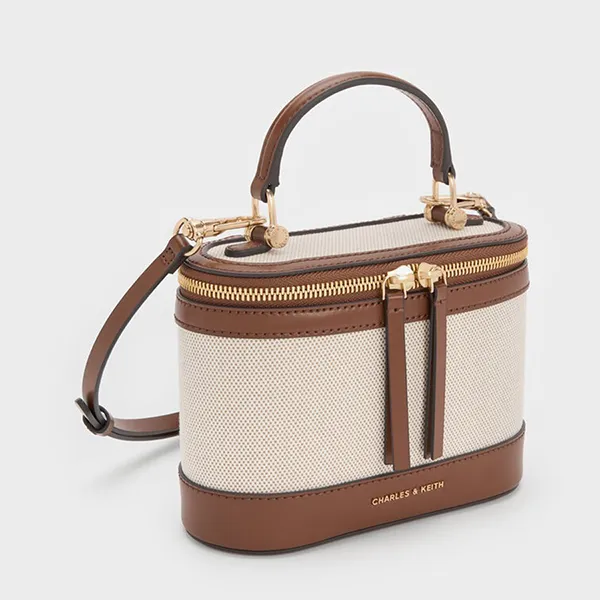 Túi Đeo Chéo Nữ Charles & Keith CNK Enola Canvas Top Handle Vanity Bag CK2-80701625-1 Chocolate Màu Nâu