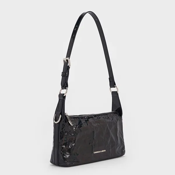 Túi Đeo Chéo Nữ Charles & Keith CNK Lark Patent Crinkle-Effect Crossbody Bag CK2-80160183 Prism Noir Màu Đen