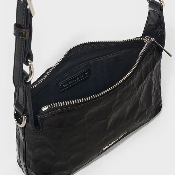 Túi Đeo Chéo Nữ Charles & Keith CNK Lark Patent Crinkle-Effect Crossbody Bag CK2-80160183 Prism Noir Màu Đen