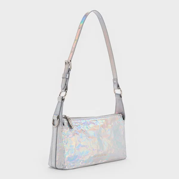 Túi Đeo Chéo Nữ Charles & Keith CNK Lark Patent Crinkle-Effect Crossbody Bag CK2-80160183 Prism Silver Màu Bạc