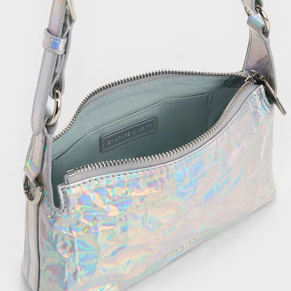 Túi Đeo Chéo Nữ Charles & Keith CNK Lark Patent Crinkle-Effect Crossbody Bag CK2-80160183 Prism Silver Màu Bạc