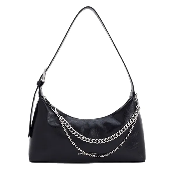 Túi Đeo Vai Nữ Charles & Keith Atwood Crinkle Effect Chain Embellished Noir Shoulder Bag CK2-40782472 Màu Đen Bạc
