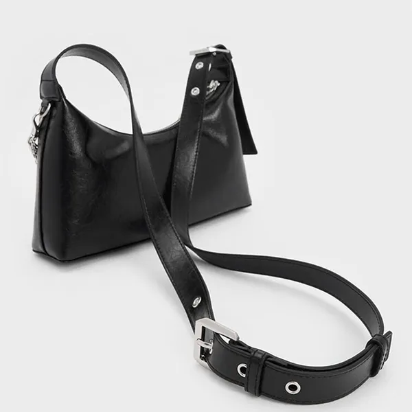 Túi Đeo Vai Nữ Charles & Keith Atwood Crinkle Effect Chain Embellished Noir Shoulder Bag CK2-40782472 Màu Đen Bạc