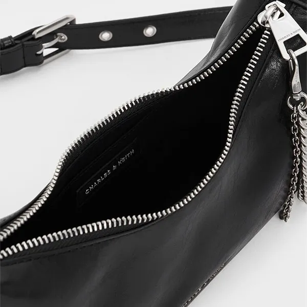Túi Đeo Vai Nữ Charles & Keith Atwood Crinkle Effect Chain Embellished Noir Shoulder Bag CK2-40782472 Màu Đen Bạc