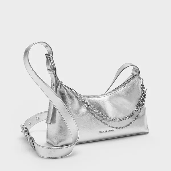 Túi Đeo Vai Nữ Charles & Keith CNK Atwood Chain-Embellished Shoulder Bag - Silver CK2-40782472 Màu Bạc