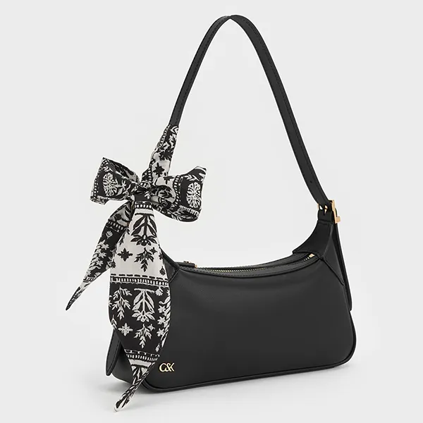 Túi Đeo Vai Nữ Charles & Keith CNK Cerese Leather Scarf-Handle Shoulder Bag - Black SL2-20671849 Màu Đen