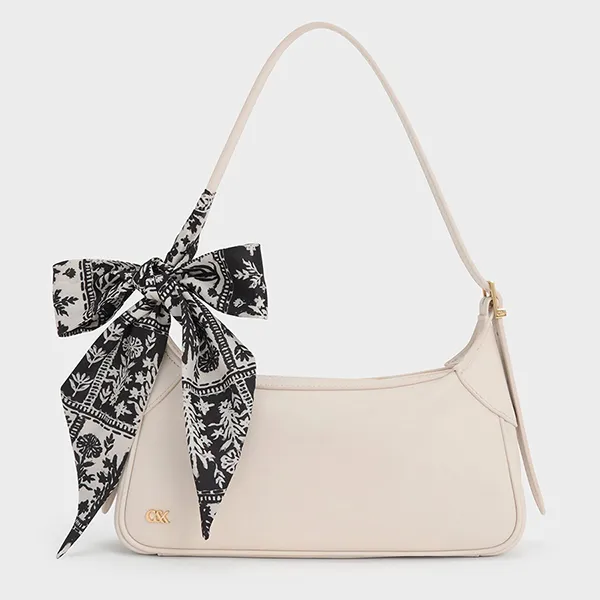 Túi Đeo Vai Nữ Charles & Keith CNK Cerese Leather Scarf-Handle Shoulder Bag - Chalk SL2-20671849 Màu Trắng Kem