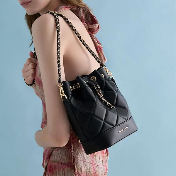Túi Đeo Vai Nữ Charles & Keith Quilted Two-Way Rectangular Bucket Bag Black CK2-10701506_BLACK Màu Đen