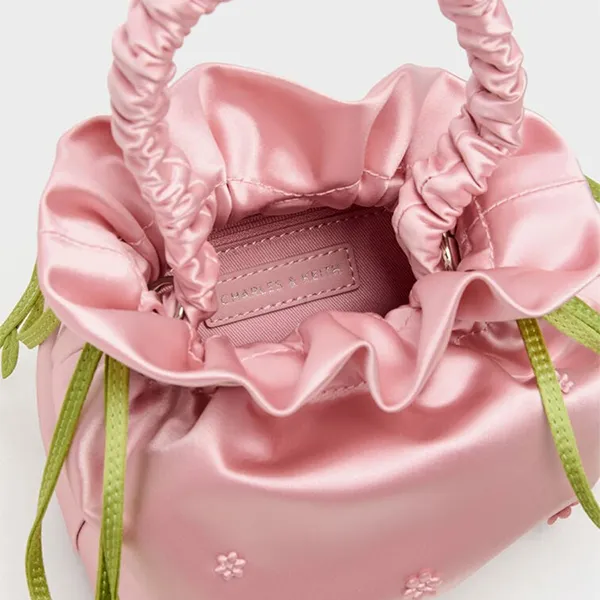 Túi Rút Dây Nữ Charles & Keith Mabel Satin Floral Vine Drawstring Bag Pink CK2-10151623-A_PINK Màu Hồng