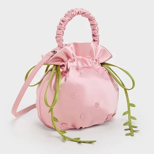 Túi Rút Dây Nữ Charles & Keith Mabel Satin Floral Vine Drawstring Bag Pink CK2-10151623-A_PINK Màu Hồng