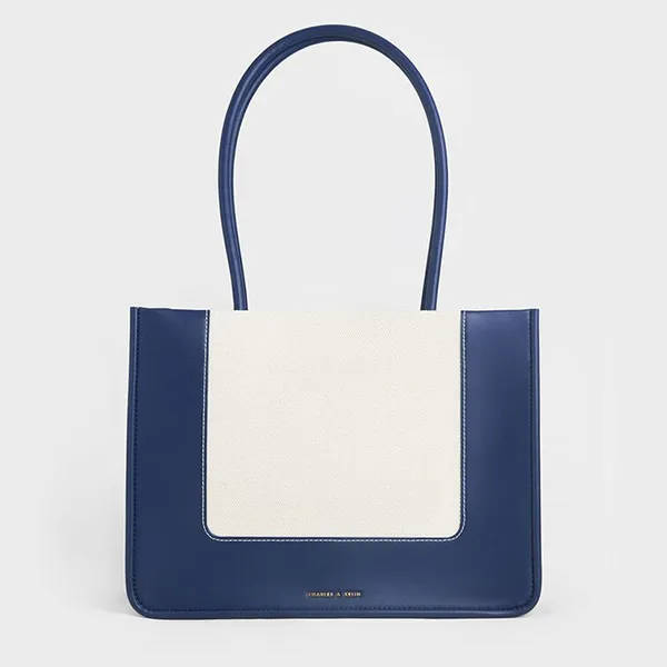 Túi Tote Nữ Charles & Keith CNK Daylla Rectangular Bag Navy Blue CK2-31200021 Màu Xanh Trắng