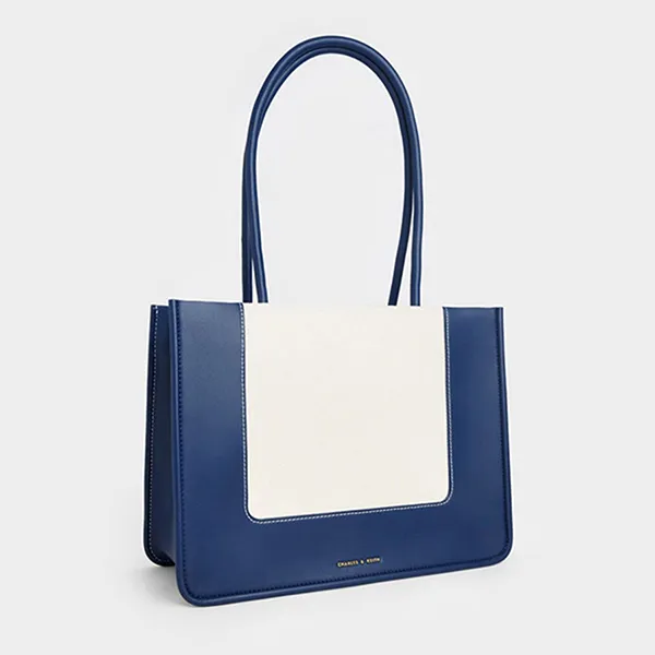 Túi Tote Nữ Charles & Keith CNK Daylla Rectangular Bag Navy Blue CK2-31200021 Màu Xanh Trắng