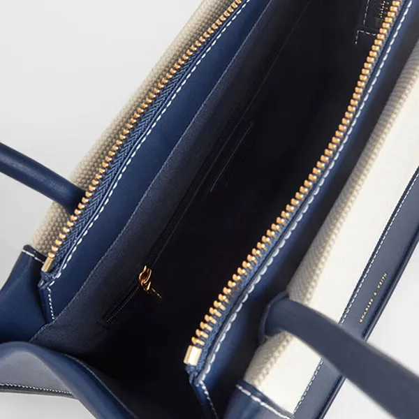 Túi Tote Nữ Charles & Keith CNK Daylla Rectangular Bag Navy Blue CK2-31200021 Màu Xanh Trắng