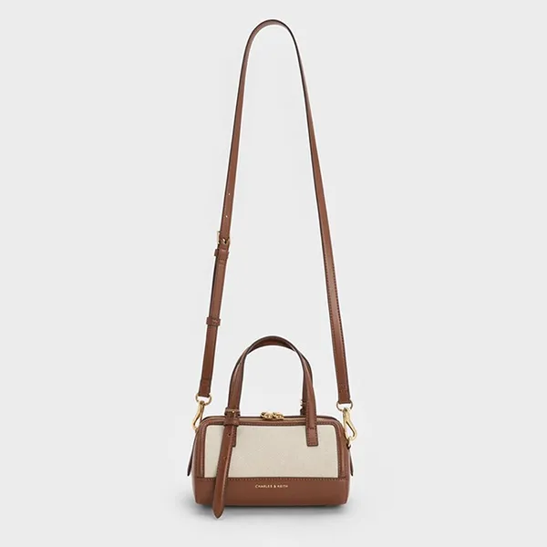 Túi Tote Nữ Charles & Keith CNK Enola Canvas Two-Tone Cylindrical Handbag Chocolate CK2-30671730-1 Màu Be Nâu