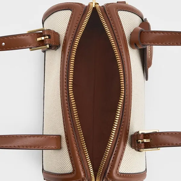 Túi Tote Nữ Charles & Keith CNK Enola Canvas Two-Tone Cylindrical Handbag Chocolate CK2-30671730-1 Màu Be Nâu