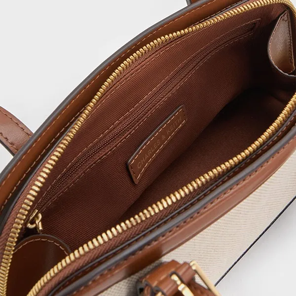 Túi Tote Nữ Charles & Keith CNK Enola Canvas Two-Tone Trapezoid Shoulder Bag Chocolate CK2-30782521-1 Màu Be Nâu