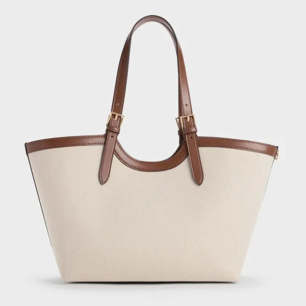 Túi Tote Nữ Charles & Keith CNK Enola Canvas XL Trapezoid Bag Chocolate CK2-30671838-1 Màu Be Nâu