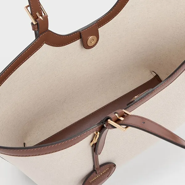 Túi Tote Nữ Charles & Keith CNK Enola Canvas XL Trapezoid Bag Chocolate CK2-30671838-1 Màu Be Nâu