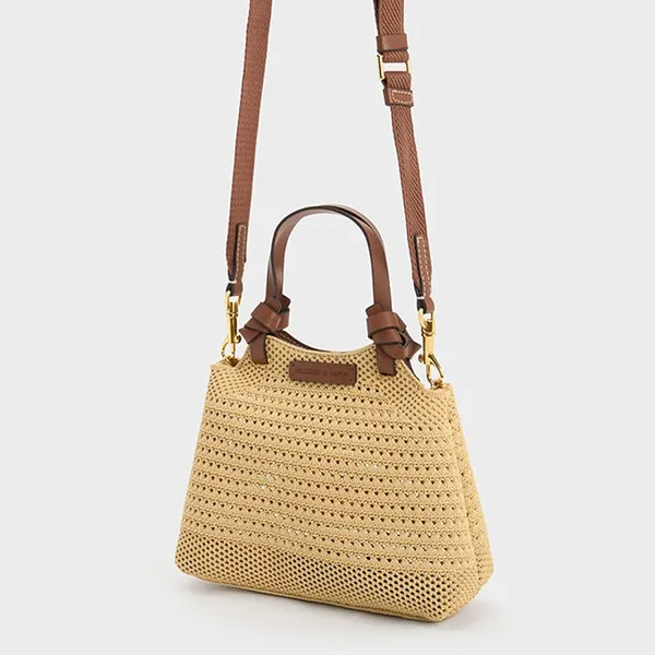 Túi Tote Nữ Charles & Keith CNK Ida Checkered Knotted Trapezoid Bag Beige CK2-30782111 Màu Be