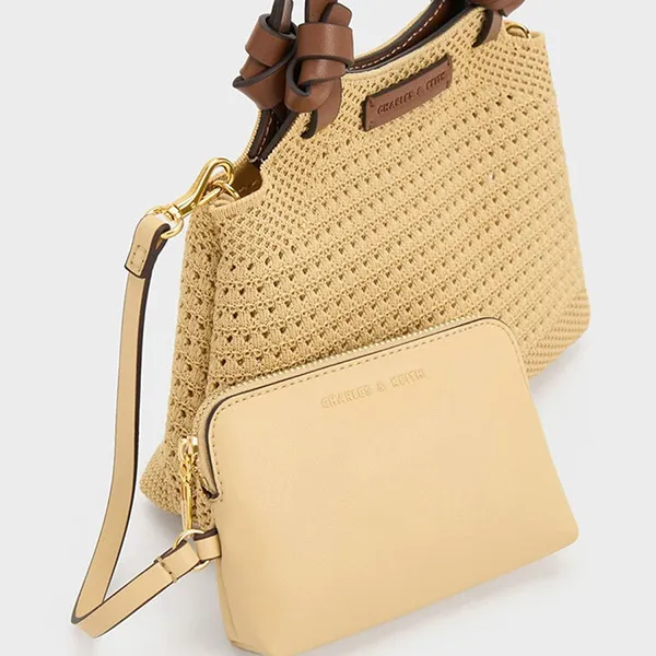 Túi Tote Nữ Charles & Keith CNK Ida Checkered Knotted Trapezoid Bag Beige CK2-30782111 Màu Be