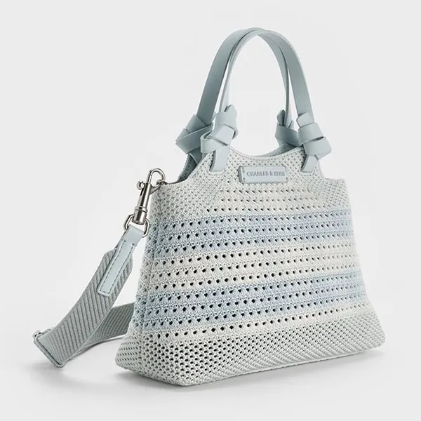 Túi Tote Nữ Charles & Keith CNK Ida Checkered Knotted Trapezoid Bag Sea Salt Blue CK2-30782111 Màu Xanh Trắng